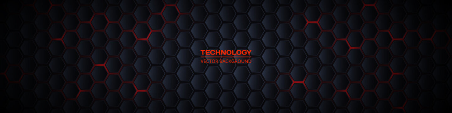 Dark Gray And Red Horizontal Hexagonal 3d Technology Abstract Vector Background. Red Bright Energy Flashes Under Hexagon In Futuristic Modern Technology Wide Banner. Dark Gray Honeycomb Texture Grid