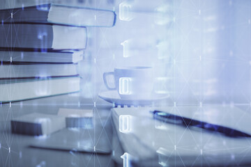 Double exposure of technology theme drawing and desktop with coffee and items on table background. Concept of data research.