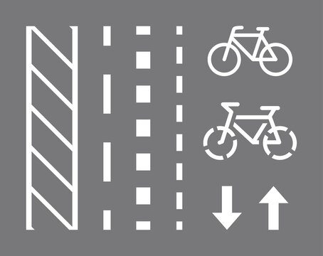 Bicycle route sign, road markings and arrows pointing direction. Vector illustration