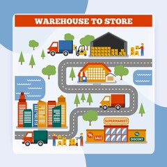 Warehouse to store transportation cargo delivery and logistic concept vector illustration