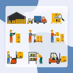 Warehouse icon flat set with forklift cart service manager isolated vector illustration