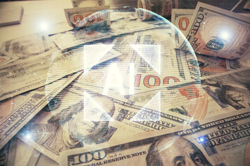 Double exposure of data theme drawing over us dollars bill background. Technology concept.