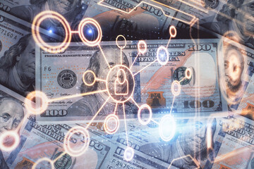 Multi exposure of social network drawing over us dollars bill background. Concept of people connection.