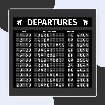 Airport retro analog departure board timetable travel background vector illustration