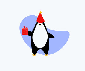 vector penguin, vector penguin on a white background, new year's penguin illustration with a gift on a white background, flat and cartoon penguin graphics