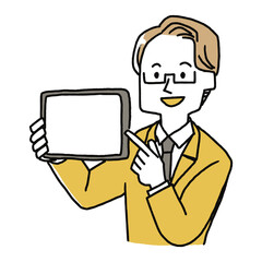 タブレットを見せながら説明する男性