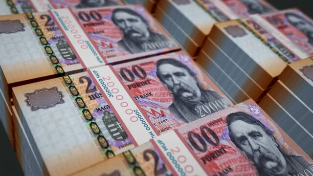 Hungarian Forint money pack loop 3d animation. Loopable seamless concept of finance, cash, economy, business and bank in Hungary. Camera moving over the HUF banknote bundle stacks.