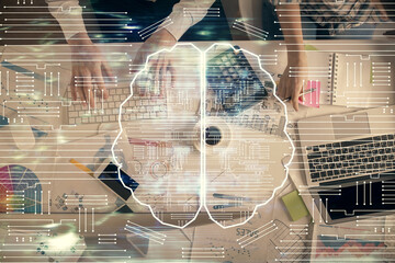 Double exposure of man and woman working together and human brain hologram drawing. Brainstorm concept. Computer background. Top View.