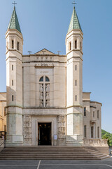 Vertical view of the ancient Basilica of Santa Rita, in the historic center of Cascia, Perugia, Italy