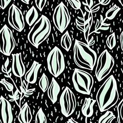 Seamless pattern of flower buds and leaves on a black background