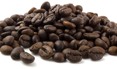A bunch of coffee beans. Fried arabica isolated on white background.