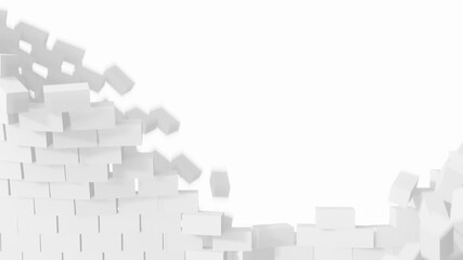 White brick wall falling apart. Isolated on white background. 3D illustration