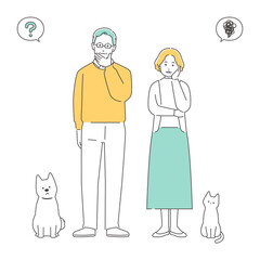 家族　疑問を感じるシニア夫婦と犬と猫　全身