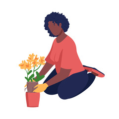 Woman gardening semi flat color vector character. Cultivate plant. Sitting figure. Full body person on white. Hobby isolated modern cartoon style illustration for graphic design and animation