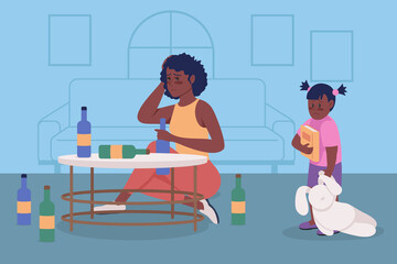 Alcoholism issue in family flat color vector illustration. Upset woman sit with bottles. Substance abuse. Drunk mother and anxious daughter 2D cartoon characters with home interior on background