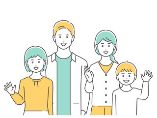 家族　笑顔で手を振る夫婦と子どもたち　上半身