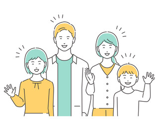 家族　笑顔で手を振る夫婦と子どもたち　上半身