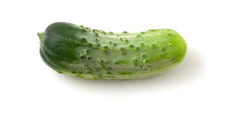 Close-up of whole gherkin, fresh, green cucumber isolated on white background.