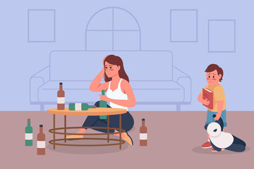 Alcoholism in family flat color vector illustration. Alcoholic woman sit with bottles. Bad habit damage. Drunk mother and upset son 2D cartoon characters with home interior on background