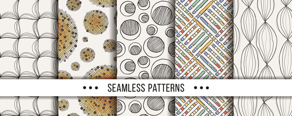 Set of seamless boho patterns with hand-drawn elements texture, abstraction illustration of black silhouette on white background
