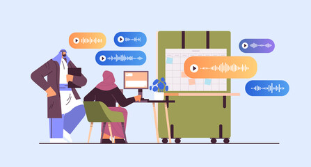 arab businesspeople communicate by voice messages audio chat application social media online communication