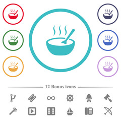 Steaming bowl of soup with spoon flat color icons in circle shape outlines