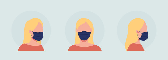 Blond woman semi flat color vector character avatar with mask set. Portrait with respirator from front and side view. Isolated modern cartoon style illustration for graphic design and animation pack