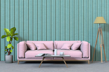 3D rendering of living room with concrete wall in modern house