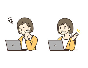 パソコンを操作するシニア女性のベクターイラスト素材1