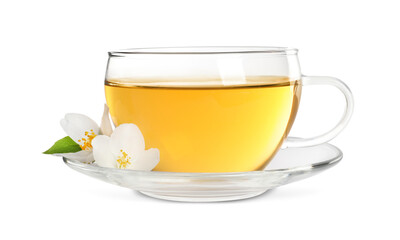 Glass cup of aromatic jasmine tea and fresh flowers on white background