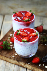 Chia coconut yogurt with strawberries. Delicious and healthy summer dessert. The keto diet.