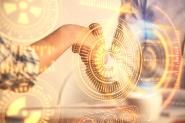Double exposure of tech hologram and handshake of two men. Deal concept.