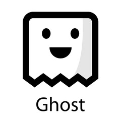 Logo con palabra Ghost con cara de fantasma sonriente en cuadrado en color blanco y negro