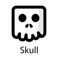 Logo con palabra Skull con calavera con forma de cuadrado en color blanco y negro