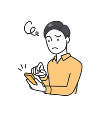 男性ビジネスパーソンがスマートフォンを操作して困っているイラスト