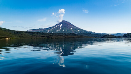 Kamchatka. Kuril Lake with a reflection of the Ilinsky volcano