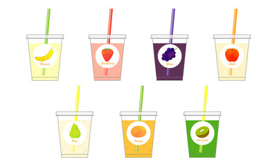 Illustration set of 7 kinds of fresh fruit smoothies (white background, vector, cut out)