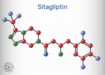 Sitagliptin anti-diabetic medication drug molecule. It is trifluorobenzene  and triazolopyrazine with hypoglycemic activity. Sheet of paper in a cage