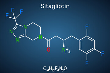 Sitagliptin anti-diabetic medication drug molecule. It is trifluorobenzene  and triazolopyrazine with hypoglycemic activity. Structural chemical formula on the dark blue background. Vector