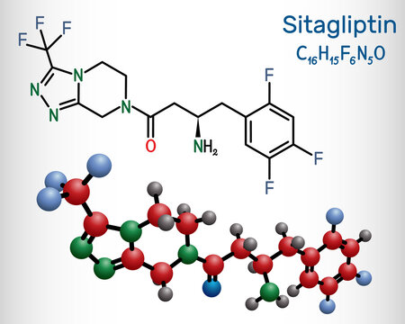 Sitagliptin anti-diabetic medication drug molecule. It is trifluorobenzene  and triazolopyrazine with hypoglycemic activity. Structural chemical formula and molecule model