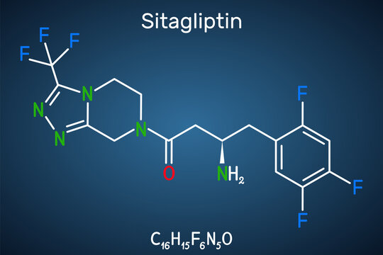 Sitagliptin anti-diabetic medication drug molecule. It is trifluorobenzene  and triazolopyrazine with hypoglycemic activity. Structural chemical formula on the dark blue background. Vector