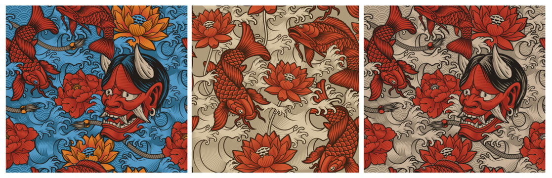 A Set of Seamless backgrounds in Japanese style, these designs can be used as prints for fabrics, phone cases, and many other creative products in the Japanese style