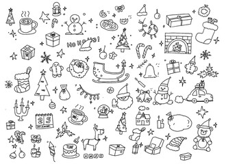 Christmas doodle set isolated with clipping path on white background in children handdraw pencil drawing sketch style for design element © Chinnapong