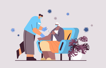 doctor vaccinating old patient practitioner giving injection to senior woman fight against coronavirus vaccination