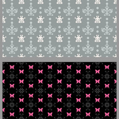 Abstract background patterns with floral elements. Set. Used colors: black, pink, gray, wallpaper. Seamless pattern, texture. Vector image
