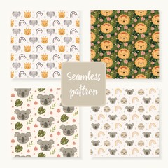 Set of baby seamless patterns. Cartoon animal. Jungle character. Seamless background pattern set. Vector illustration Hand drawn style.