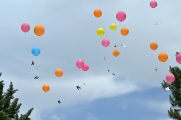 Many colorful balloons are flying in the sky with tied swallows made of paper