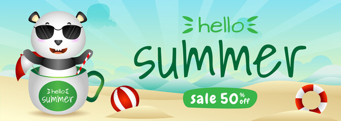 summer sale banner with a cute panda in the cup