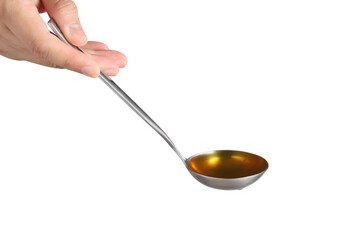 Hand holding noodle soup in dipper on white background, Soup for sukiyaki from chicken and fish