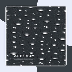 Realistic water drops on black textured background seamless pattern vector illustration